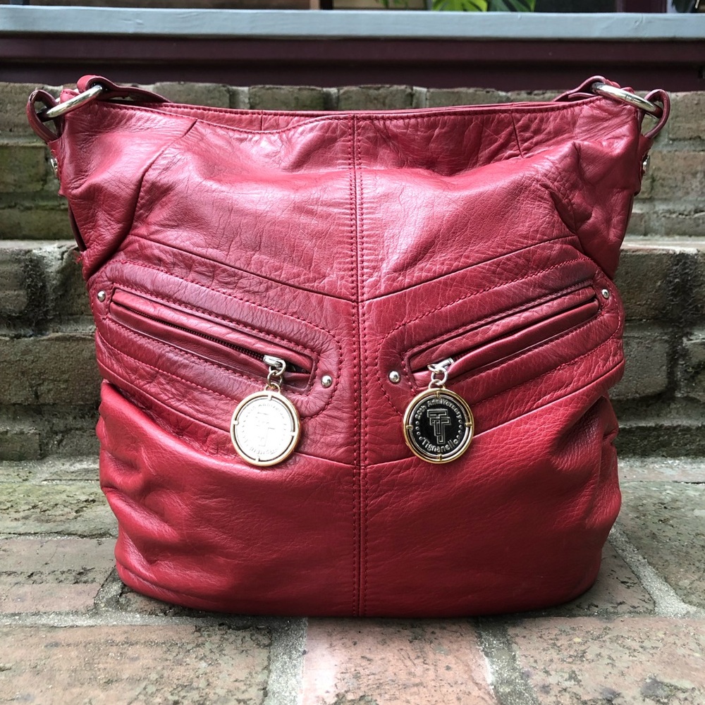 Tignanello Red Leather 20th Anniversary Hobo Bucket Bag